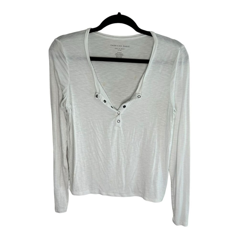 American Eagle Womens White Soft & Sexy Slub Knit Henley Long Sleeve Top Medium